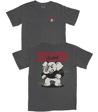 Gray t-shirt with cartoon elephant design and text on a white background