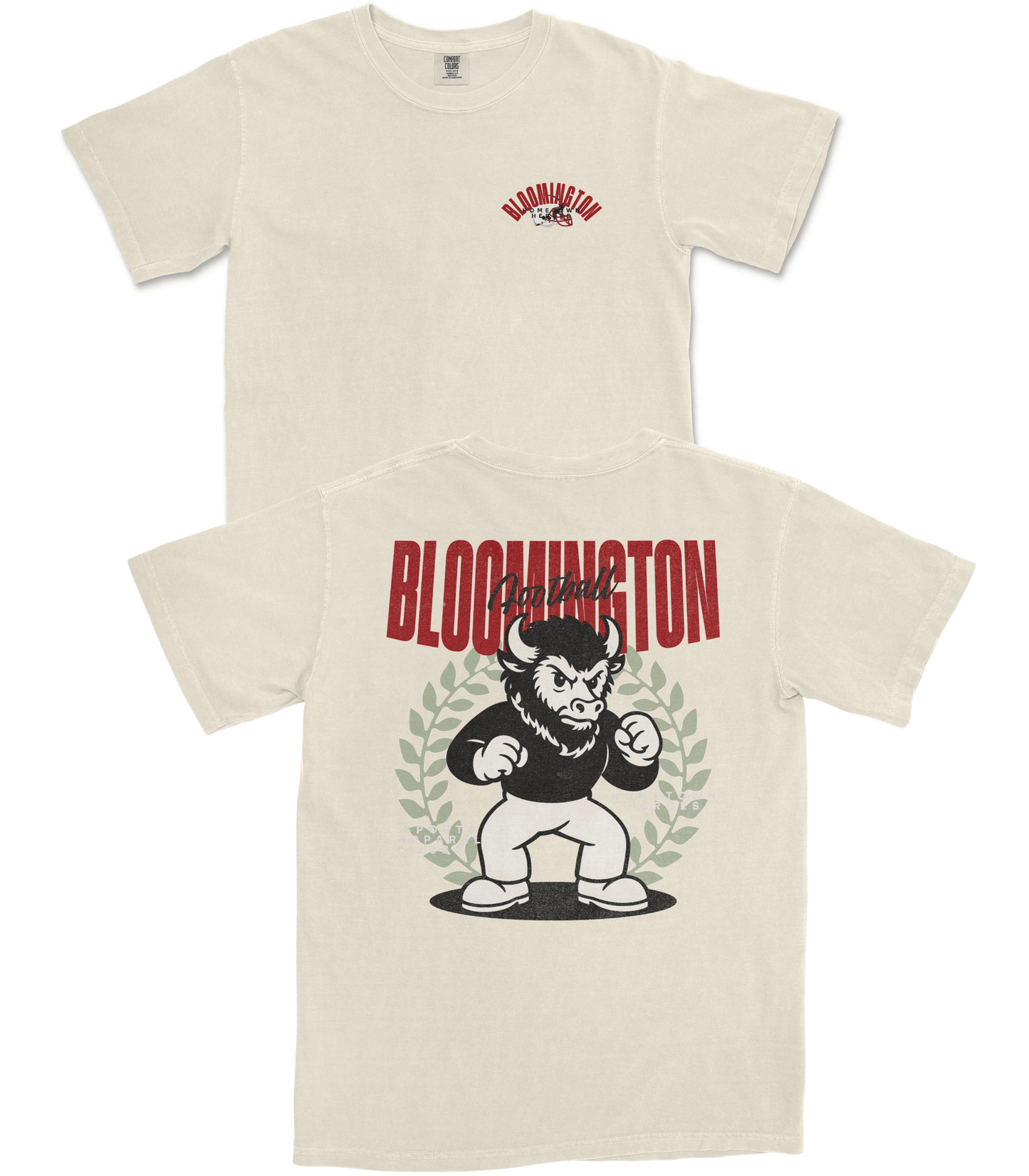 Beige t-shirt with graphic design and text on a white background