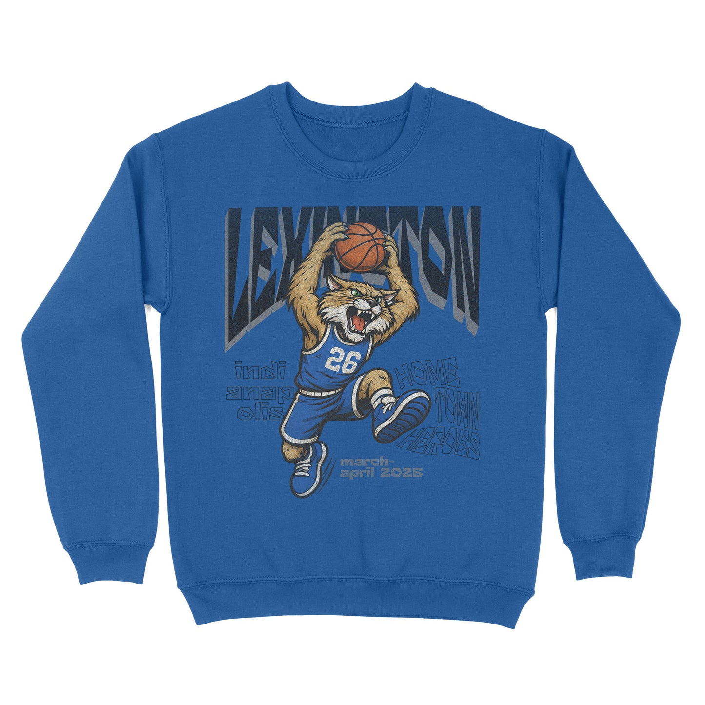 Blue sweatshirt with a graphic of a basketball player and text on a white background