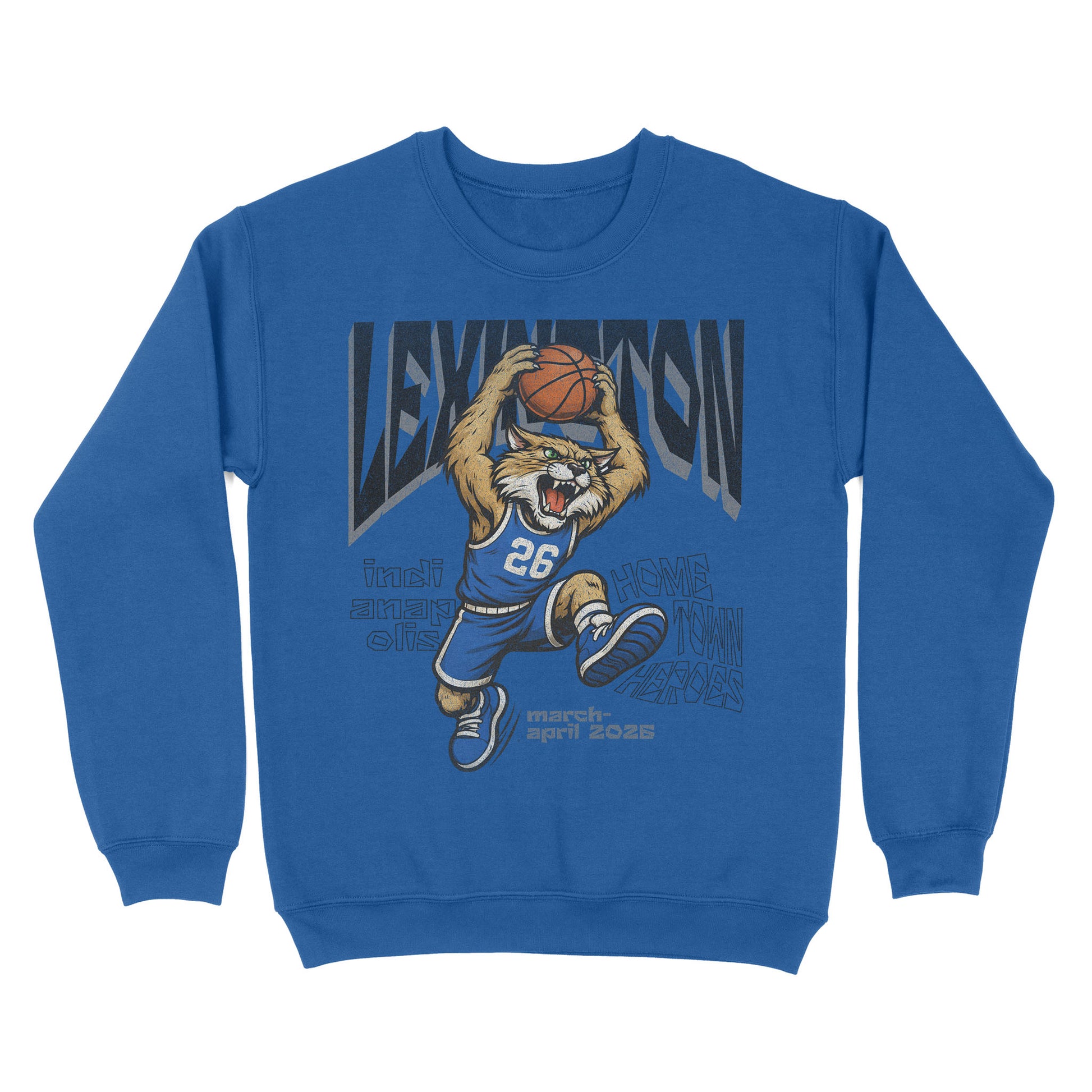 Blue sweatshirt with a graphic of a basketball player and text on a white background