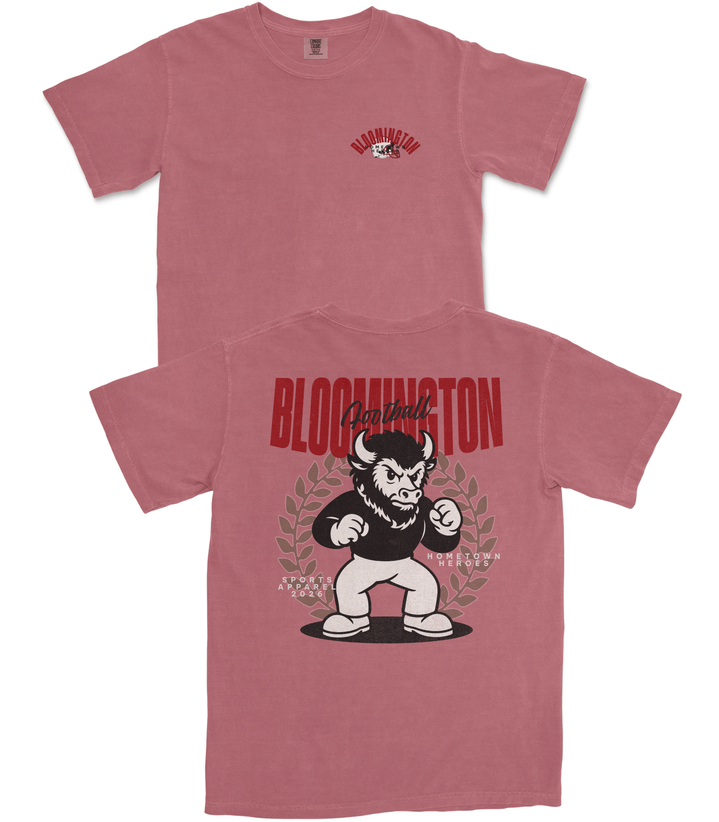 Red t-shirt with graphic design on front and back, featuring a bear mascot and text.