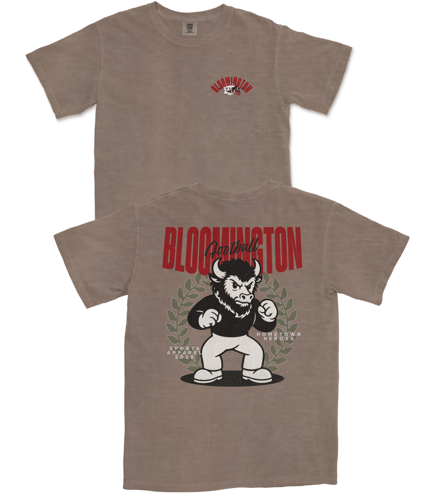 Brown t-shirt with graphic design and text on a white background
