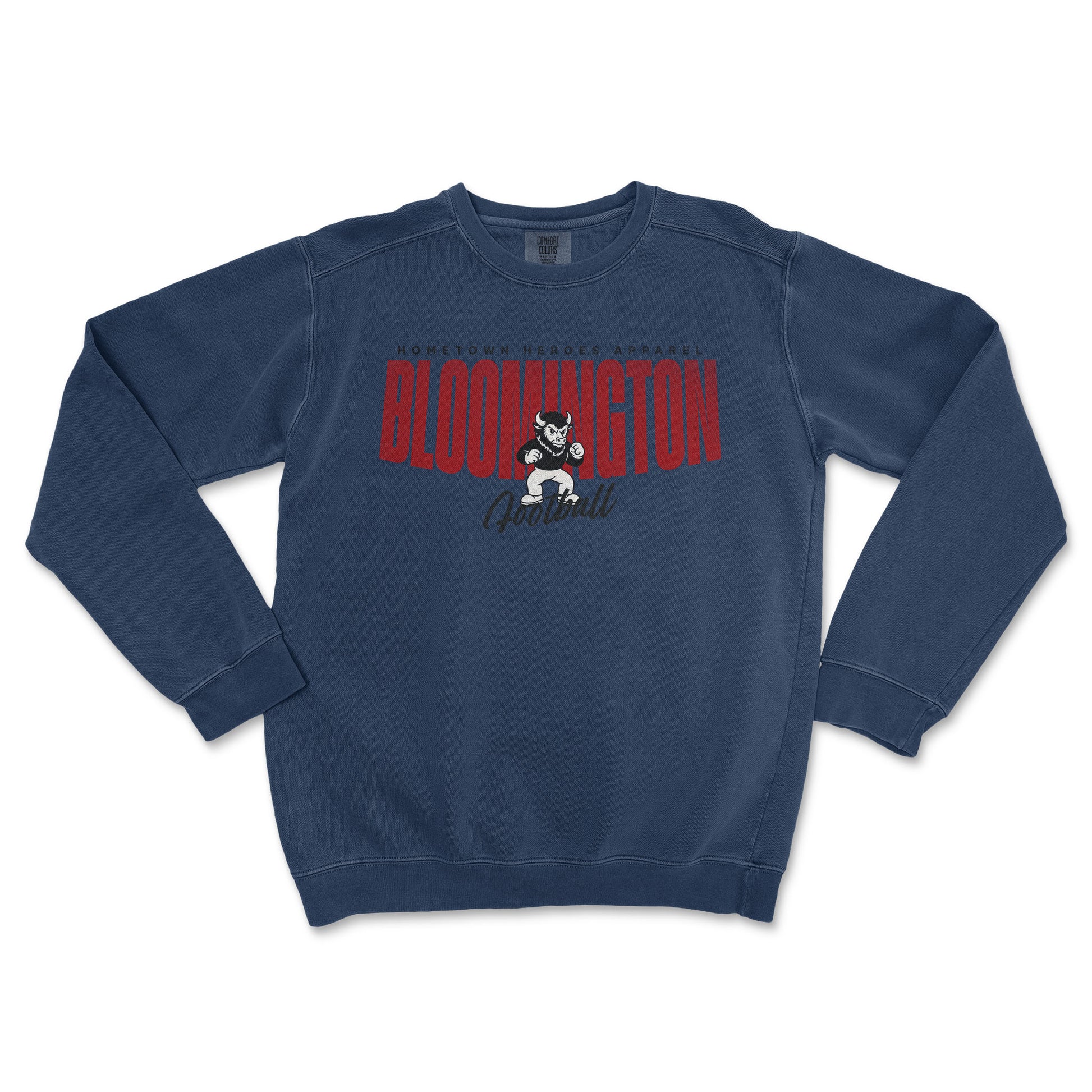 Blue sweatshirt with 'Bloomington' and a bear graphic on a white background