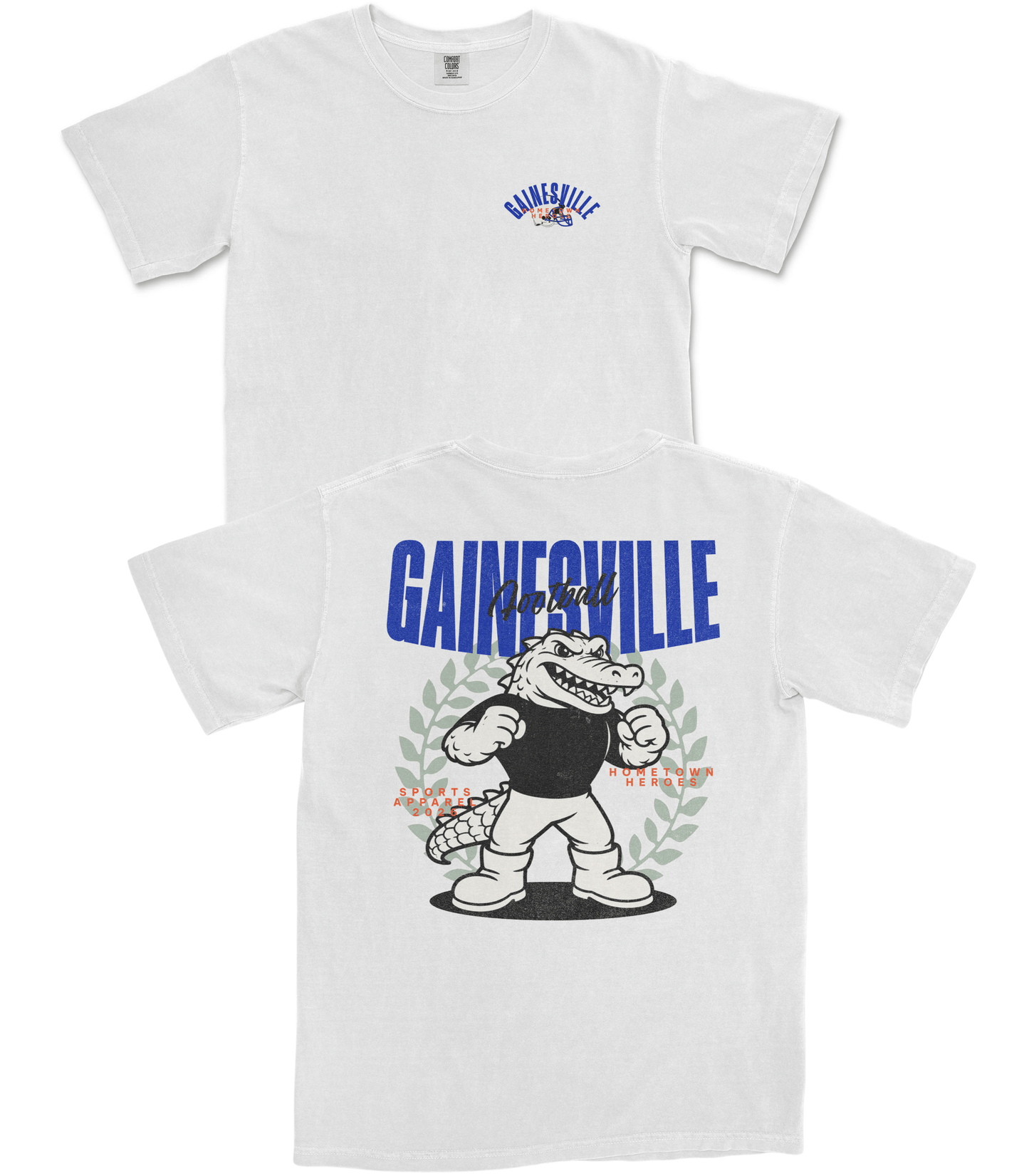 Two white t-shirts with cartoon character and 'Gainesville' text on a white background
