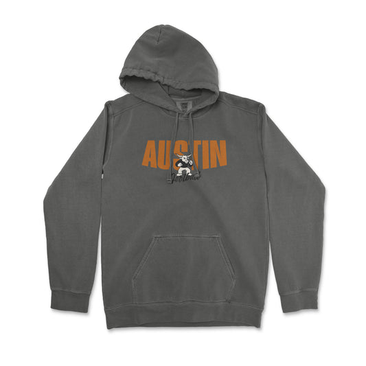 Gray hoodie with 'AUSTIN' text and graphic on a white background