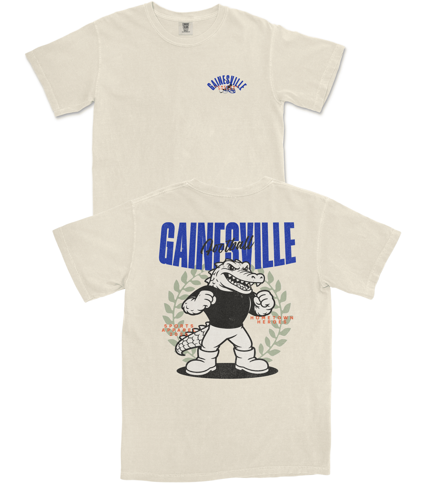 Two cream-colored t-shirts with graphic designs on a white background