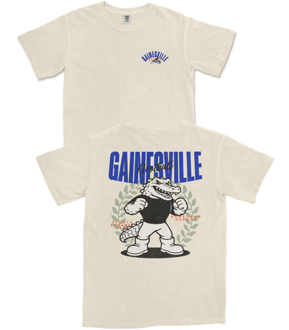 Two cream-colored t-shirts with graphic designs on a white background