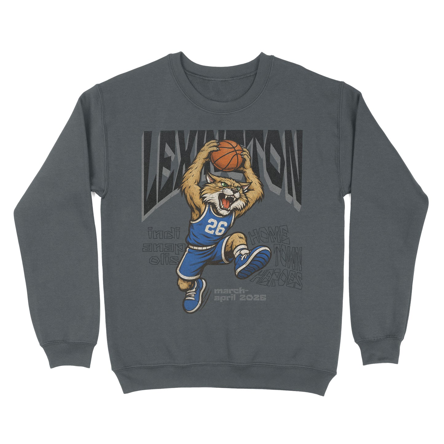 Gray sweatshirt with a graphic of a basketball player and 'Lexington' text on a white background