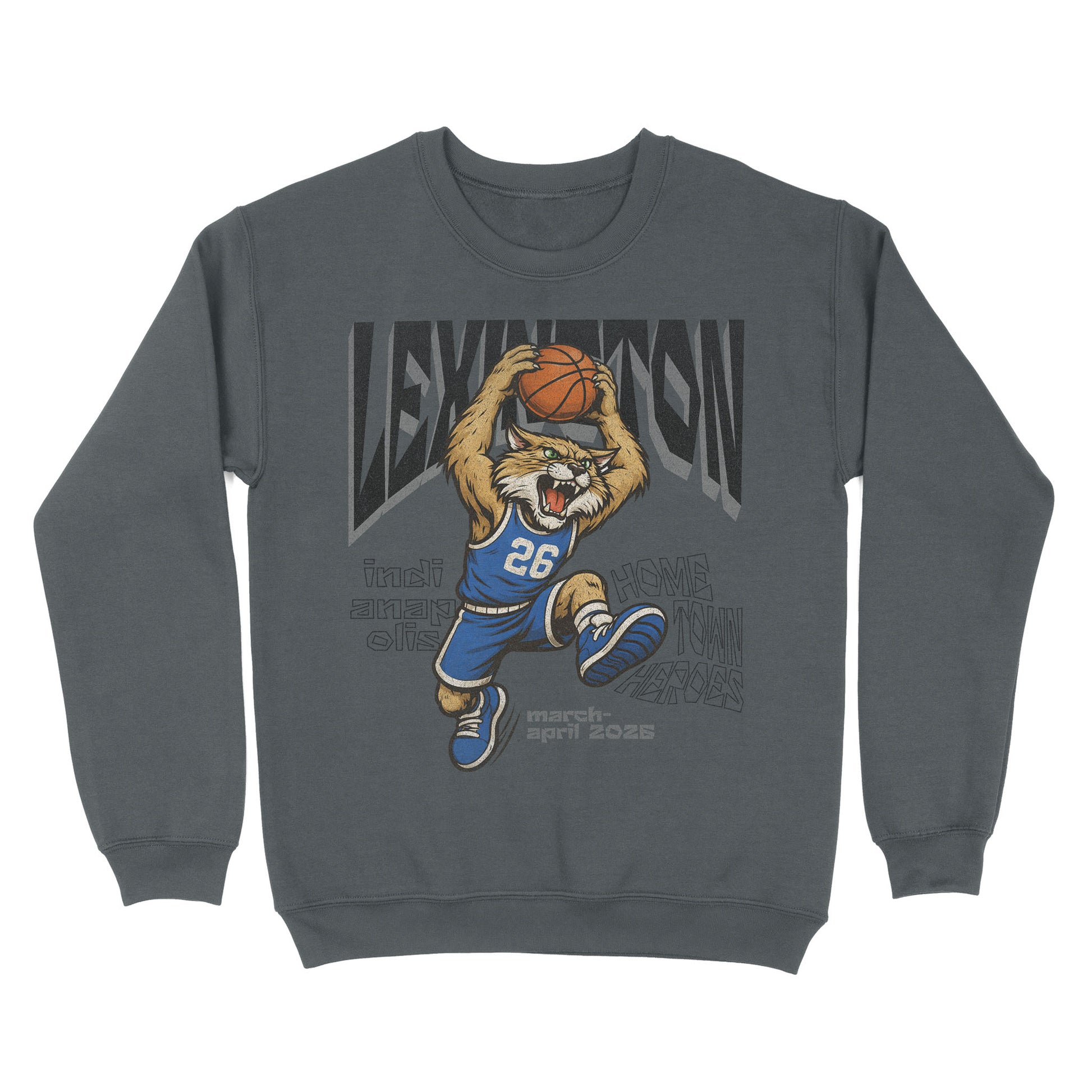 Gray sweatshirt with a graphic of a basketball player and 'Lexington' text on a white background