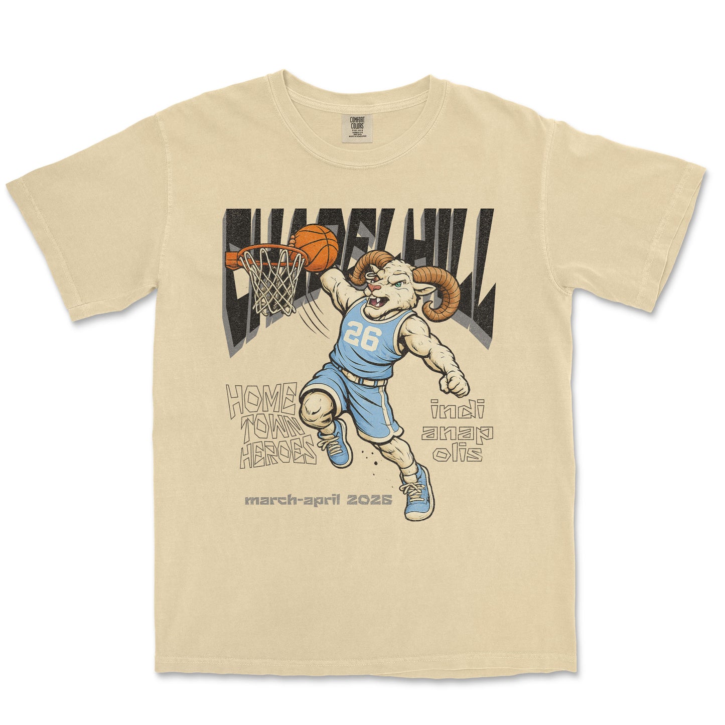 Beige t-shirt with a graphic of a ram playing basketball and text on a white background