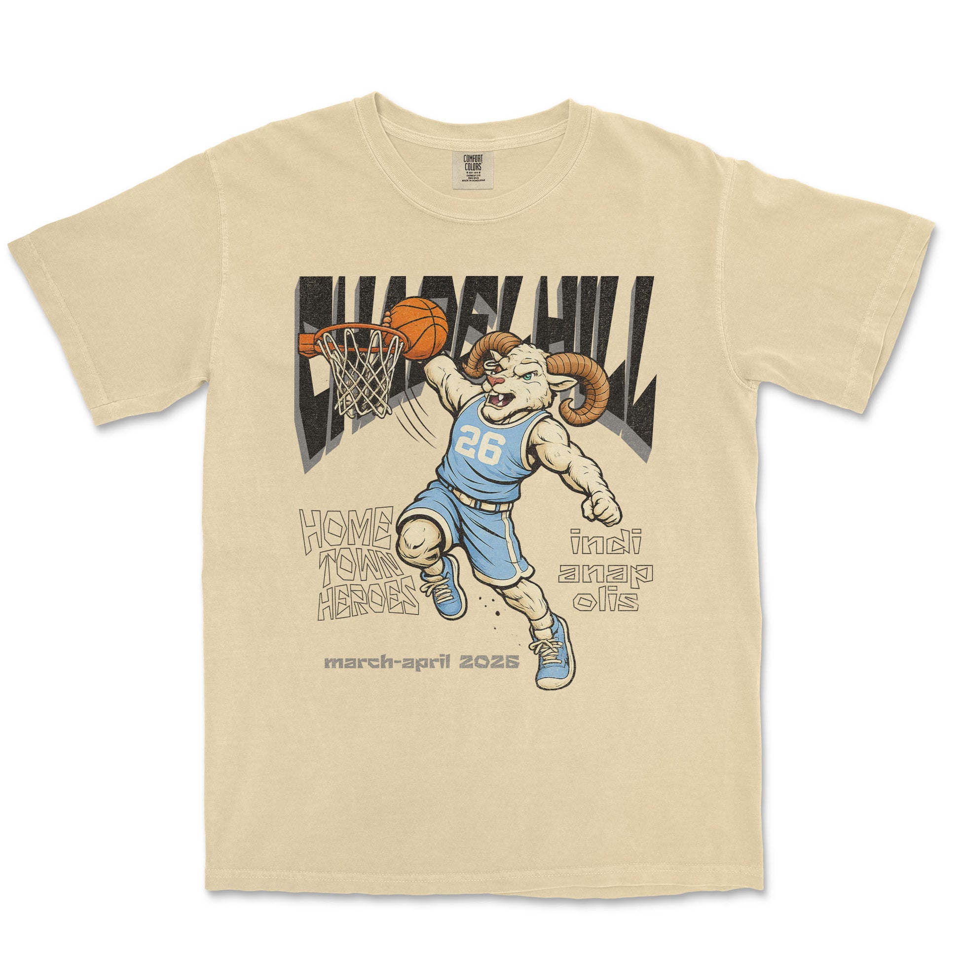 Beige t-shirt with a graphic of a ram playing basketball and text on a white background