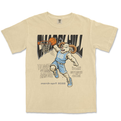 Beige t-shirt with a graphic of a ram playing basketball and text on a white background