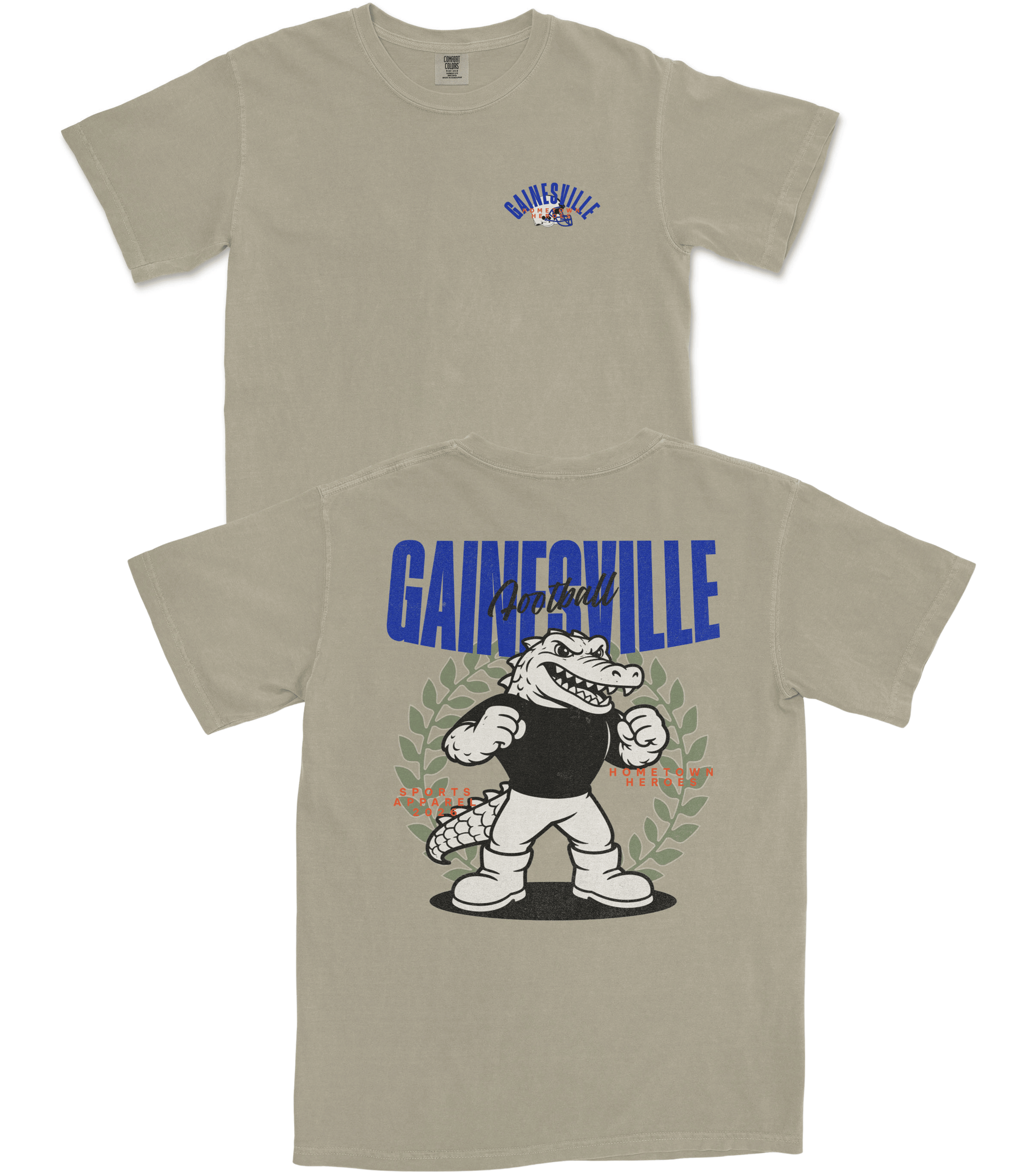 Beige t-shirt with cartoon alligator and 'Gainesville' text on a white background