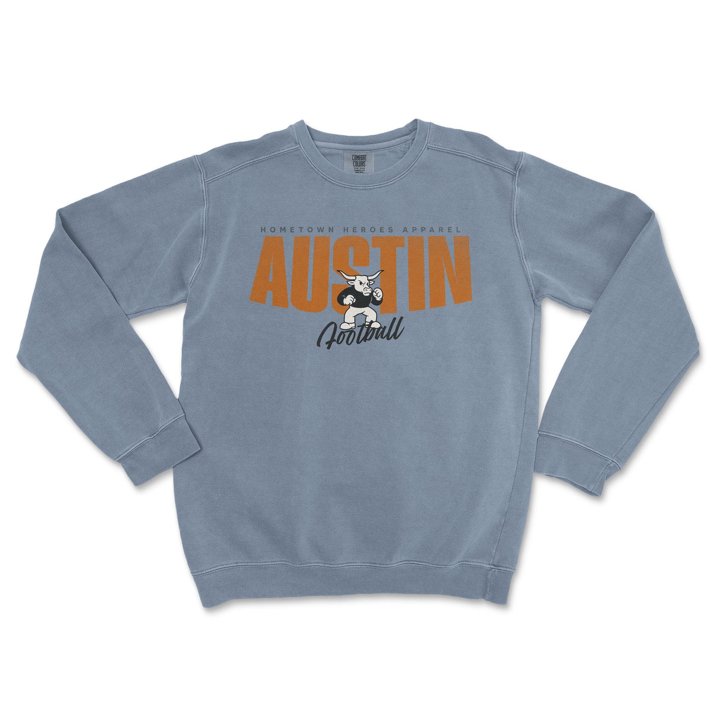 Blue sweatshirt with 'Austin Football' text and graphic on a white background