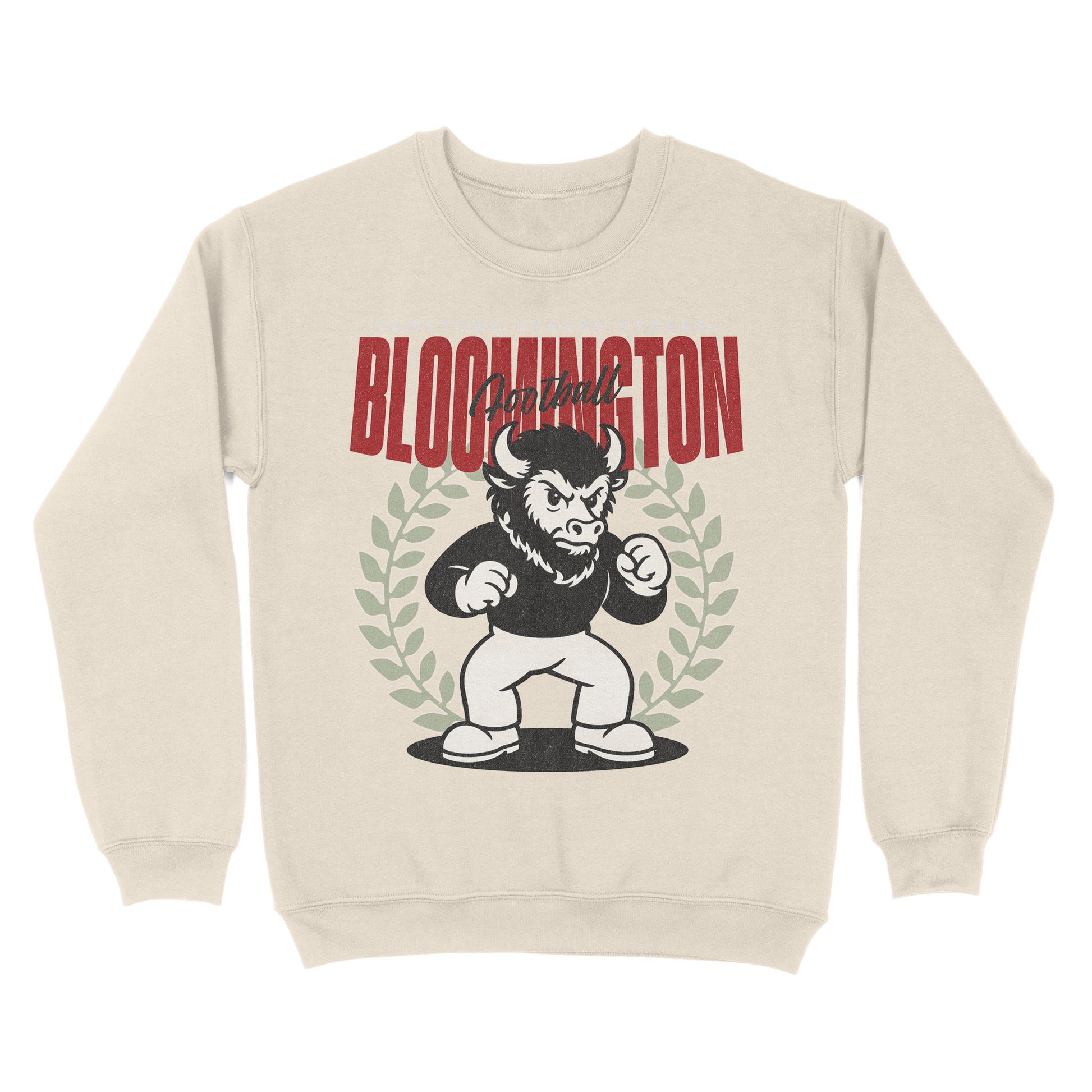 Beige sweatshirt with a graphic of a bull and text 'Bloomington' on a white background
