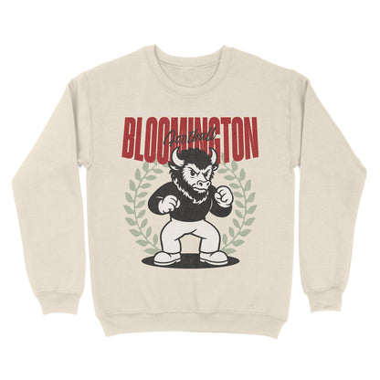 Beige sweatshirt with a graphic of a bull and text 'Bloomington' on a white background