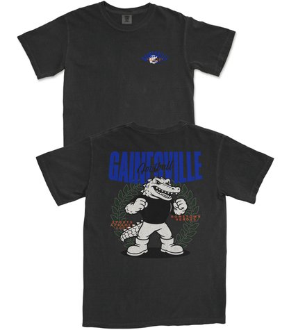 Black t-shirt with 'Gainesville' graphic design on a white background