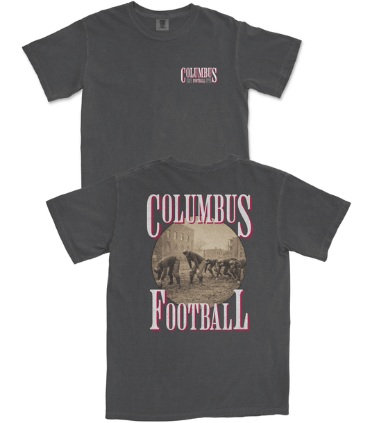 Dark gray t-shirt with 'Columbus Football' design on a white background