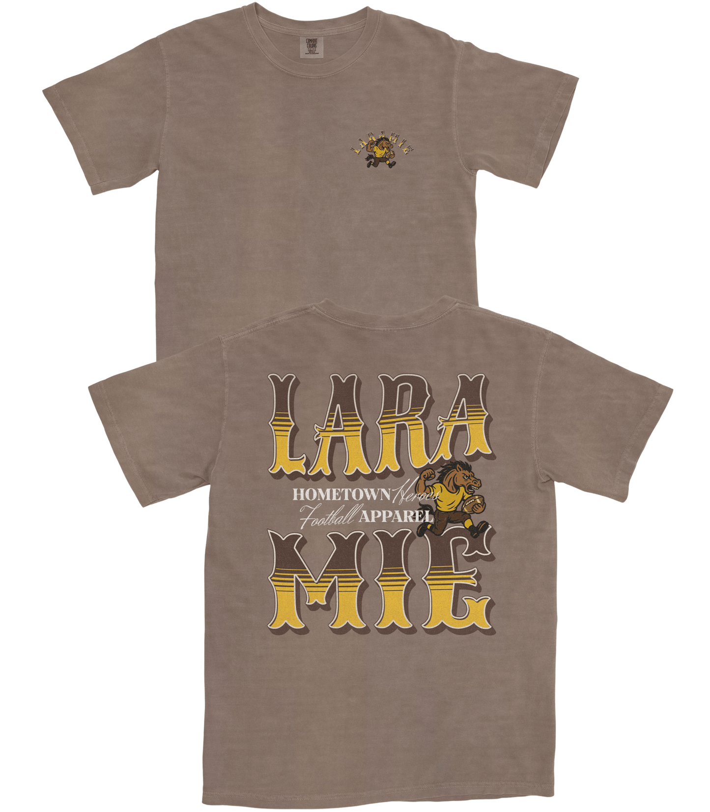 Brown t-shirt with 'Lara Mike' text and logo on a white background