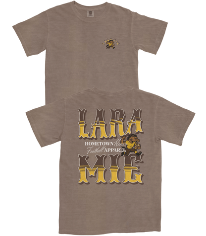 Brown t-shirt with 'Lara Mike' text and logo on a white background