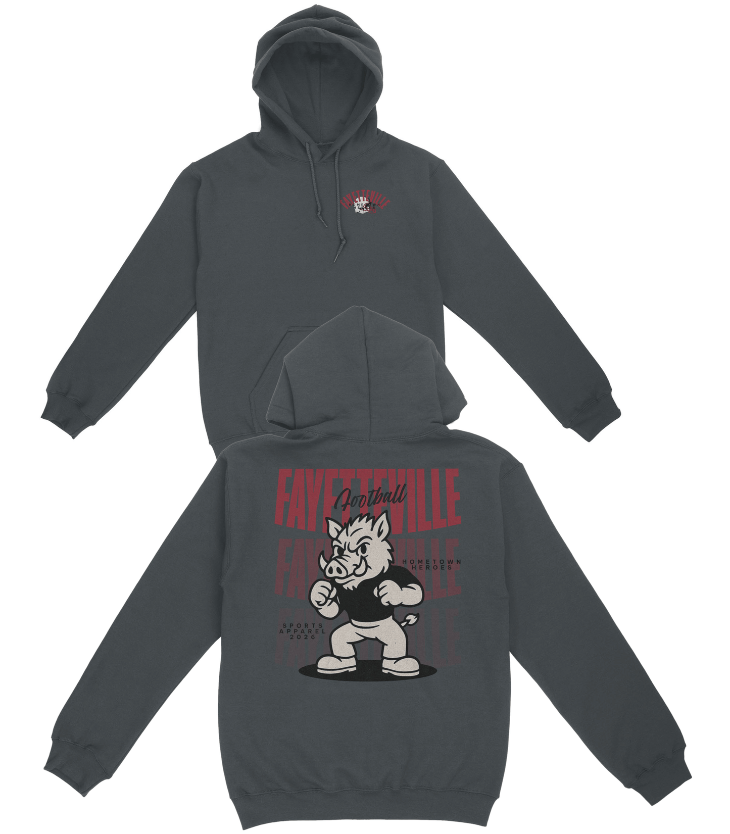 Dark gray hoodie with cartoon character and text on front and back, on a white background