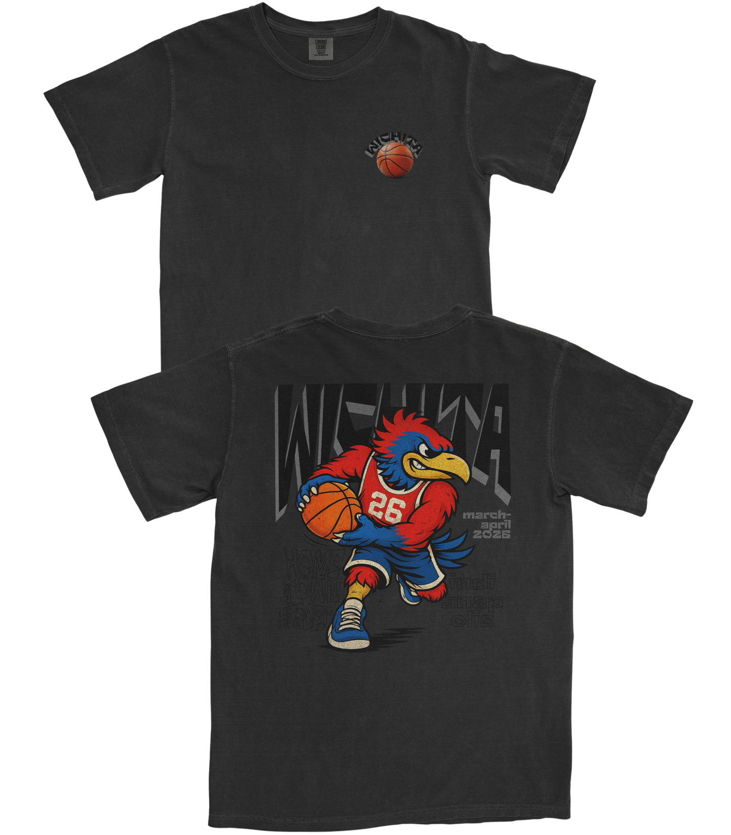 Black t-shirt with a cartoon character holding a basketball on a white background