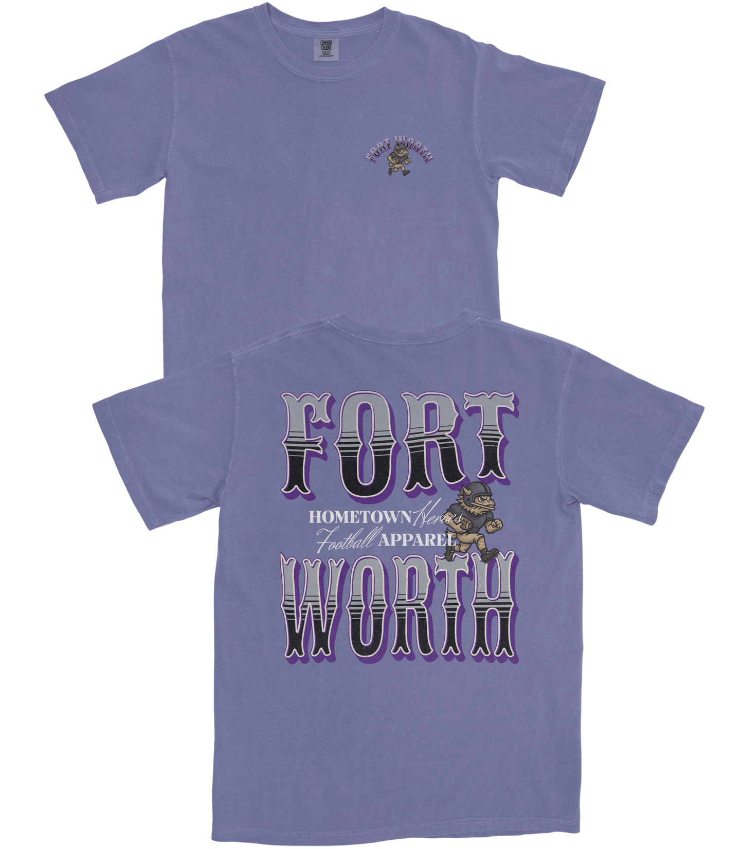 Purple t-shirt with 'Fort Worth' text and graphic on a white background