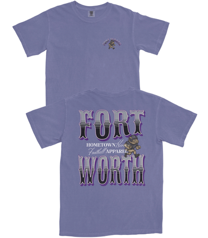 Purple t-shirt with 'Fort Worth' text and graphic on a white background