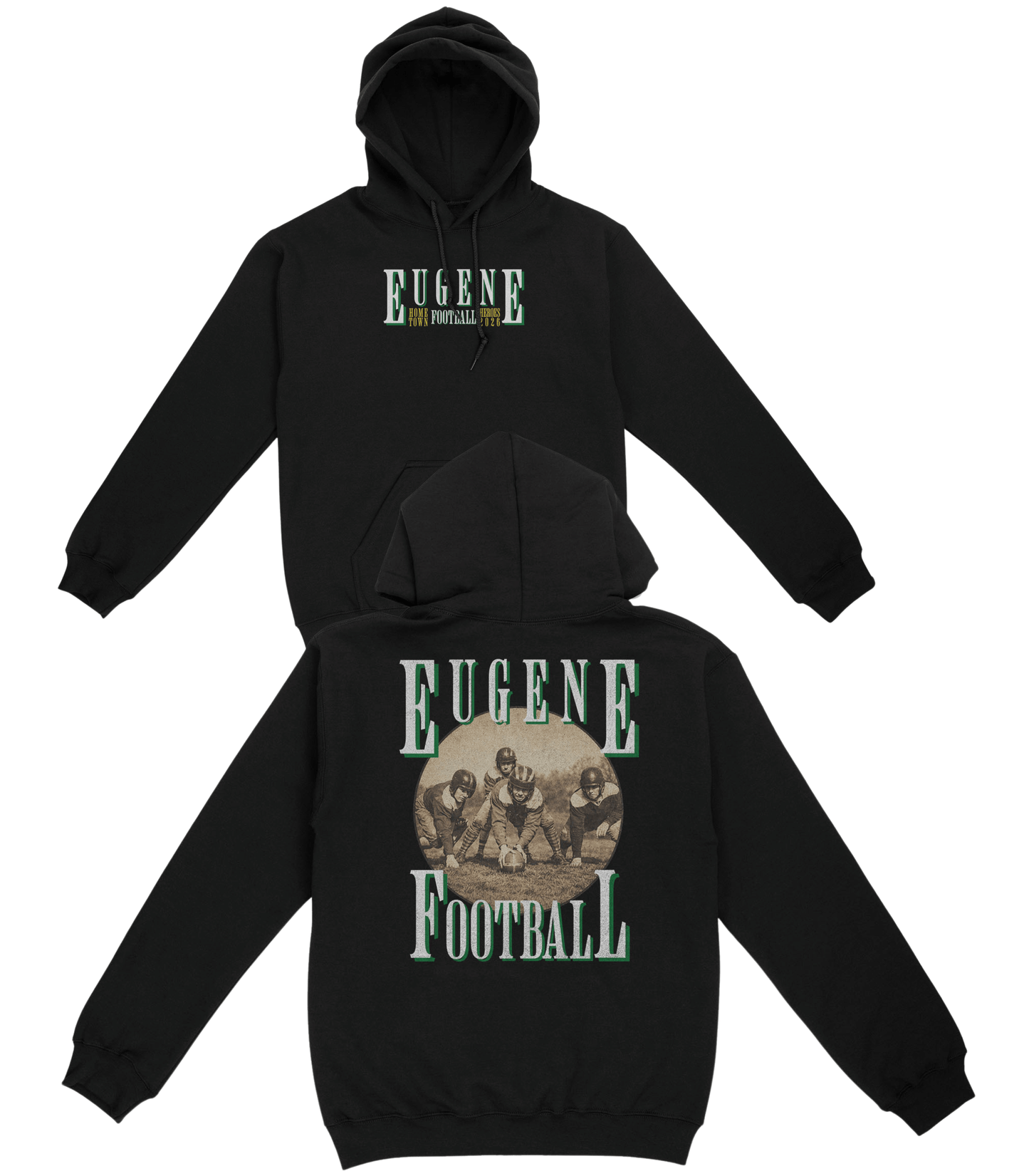 Black hoodie with 'Eugene Football' text and graphics on a white background