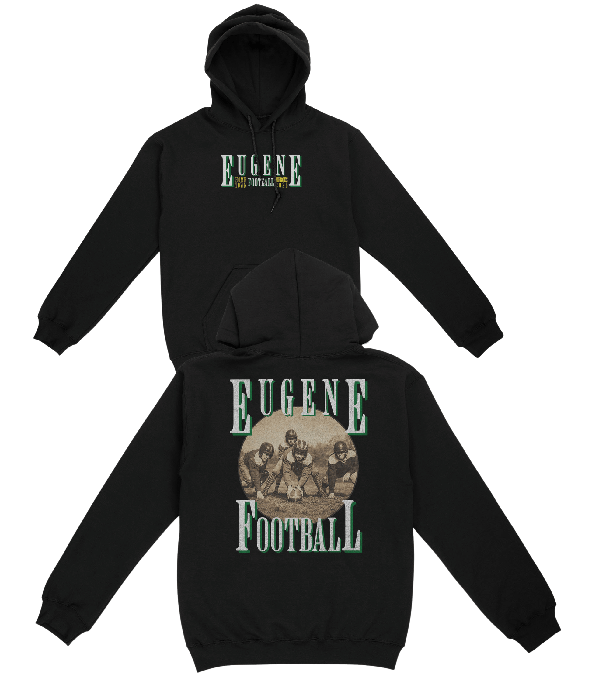Black hoodie with 'Eugene Football' text and graphics on a white background