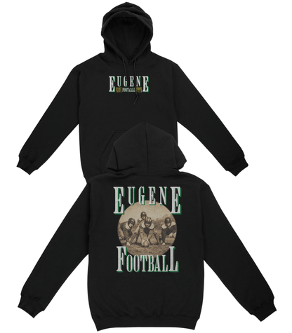 Black hoodie with 'Eugene Football' text and graphics on a white background