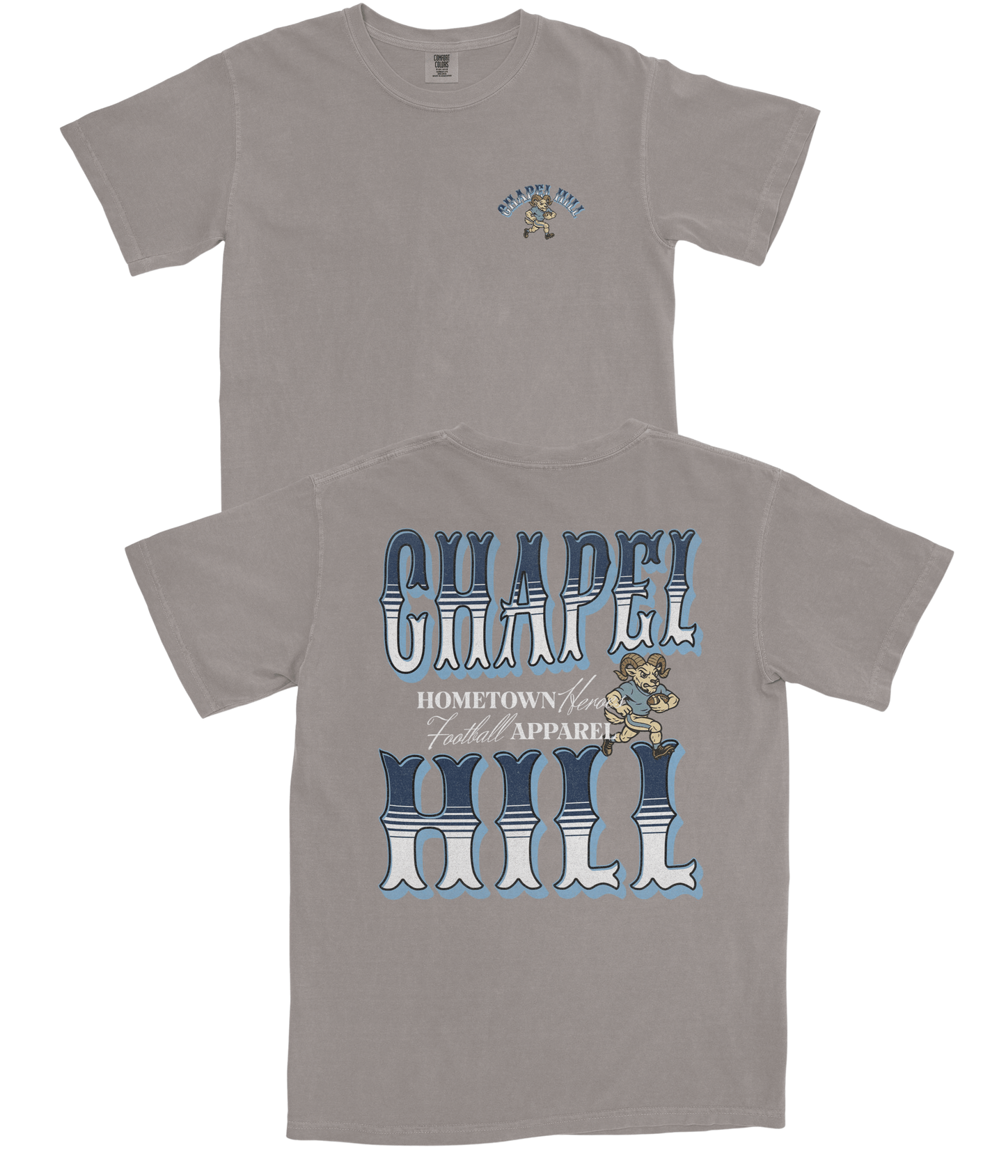 Gray t-shirt with 'Chapel Hill' graphic design on a white background
