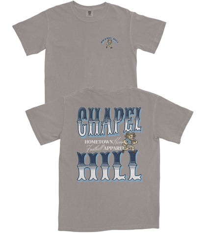 Gray t-shirt with 'Chapel Hill' graphic design on a white background