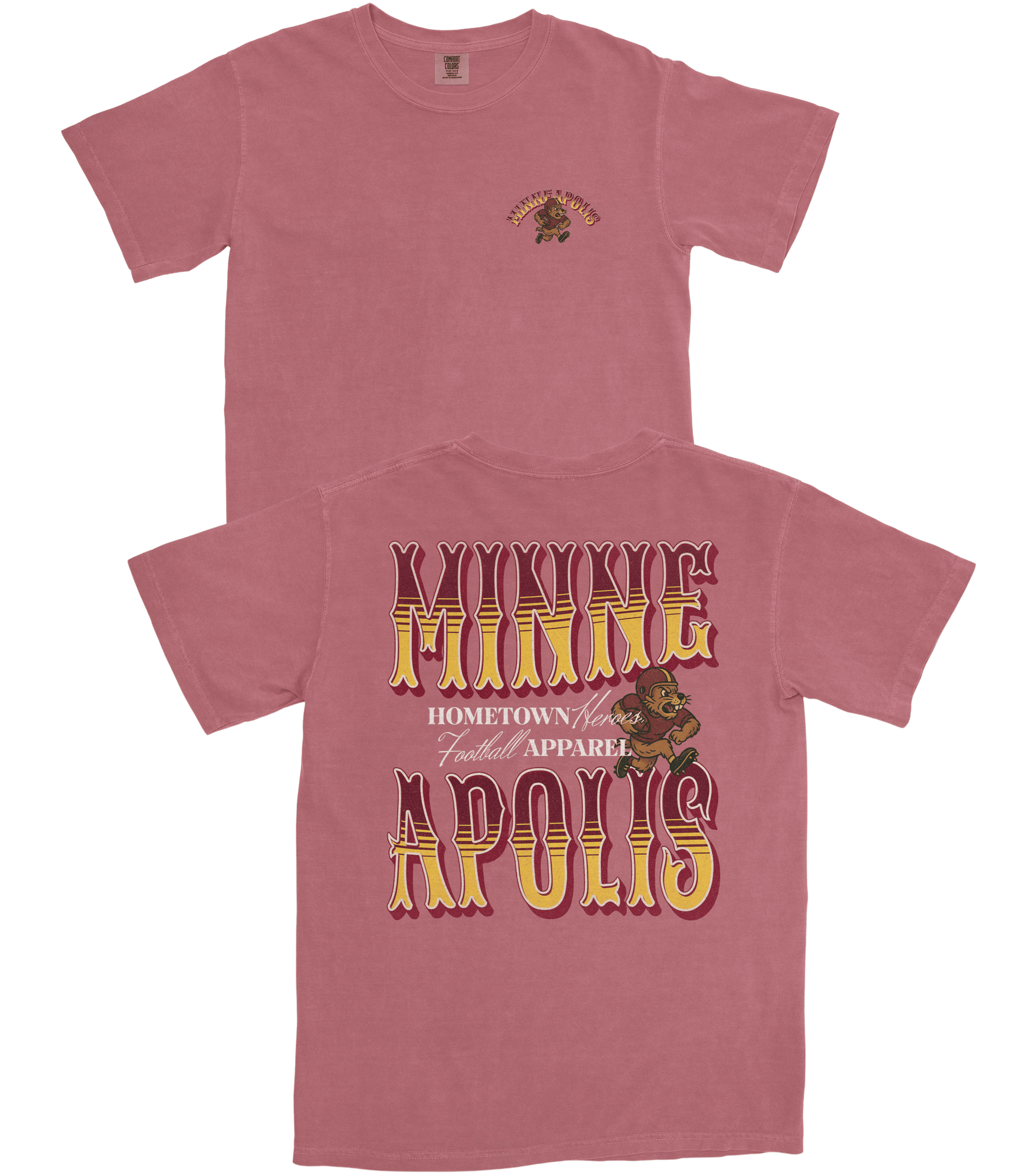 Red t-shirt with graphic design and text on a white background