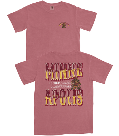 Red t-shirt with graphic design and text on a white background