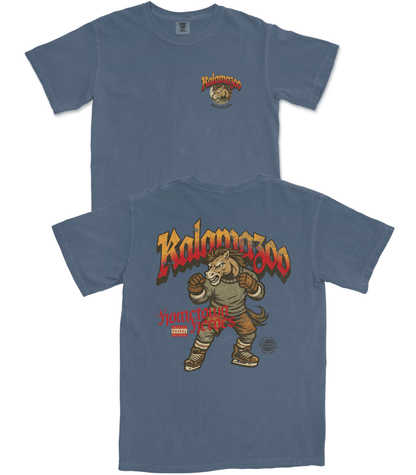 Blue t-shirt with 'Kalamazoo' graphic design on a white background