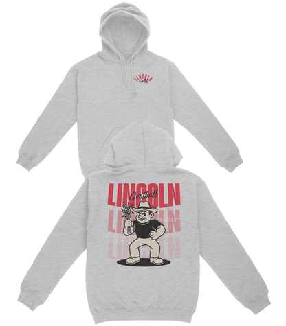 Gray hoodie with cartoon character and 'Lincoln' text on a white background