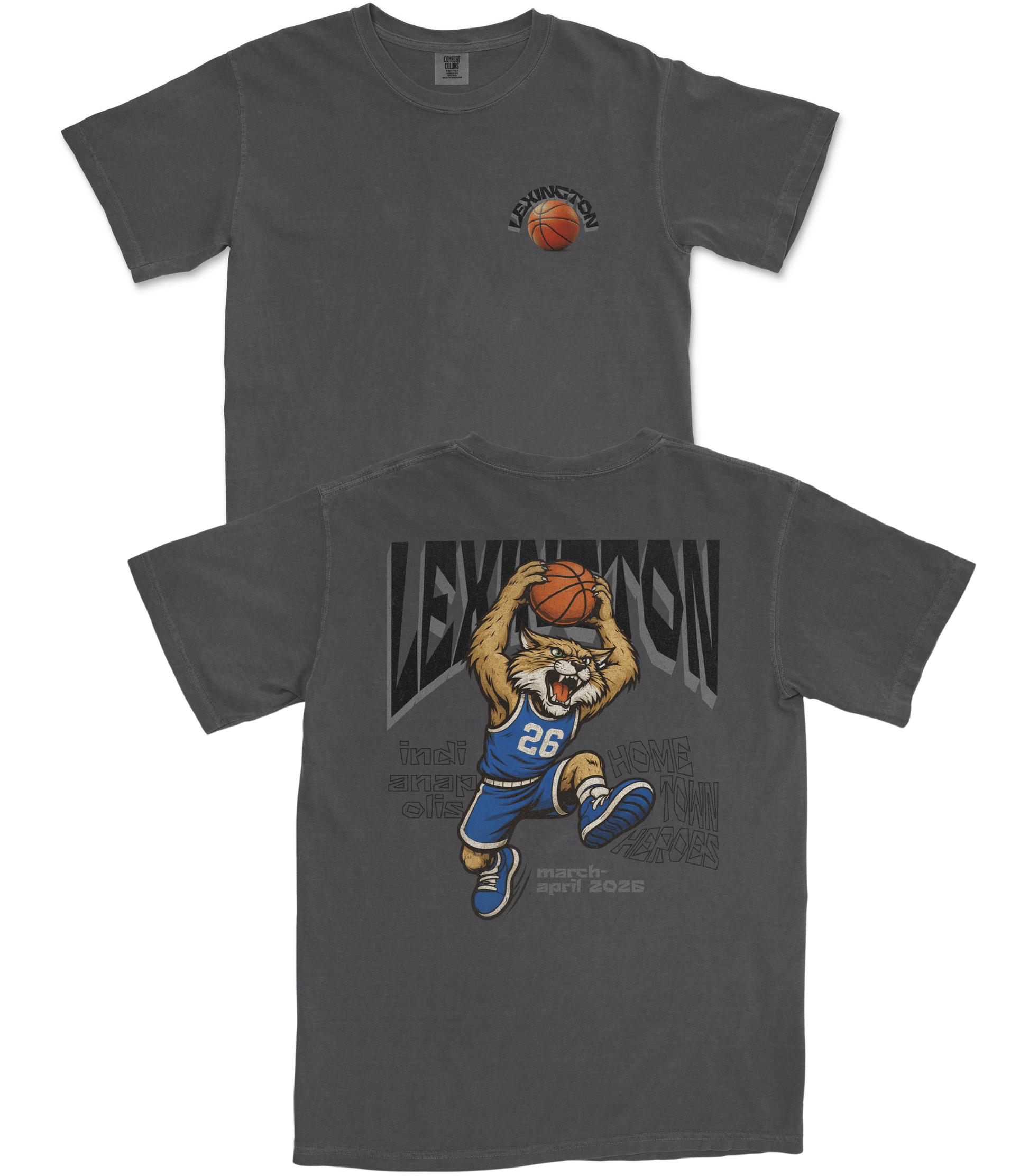 Gray t-shirt with a graphic of a lion holding a basketball and the word 'Lexington' on a white background.