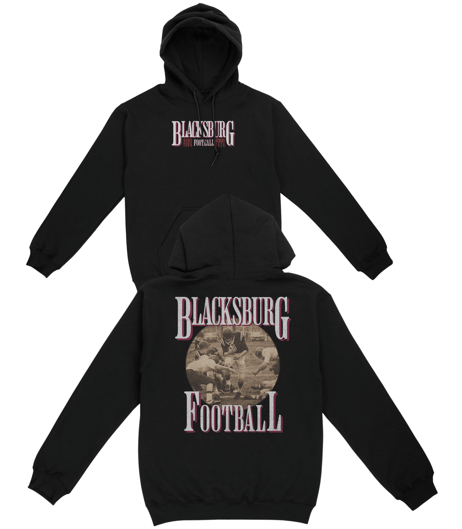 Black hoodie with 'Blacksburg Football' text on front and back, on a white background