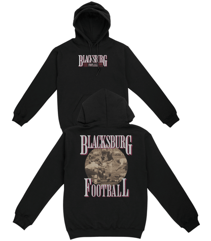 Black hoodie with 'Blacksburg Football' text on front and back, on a white background