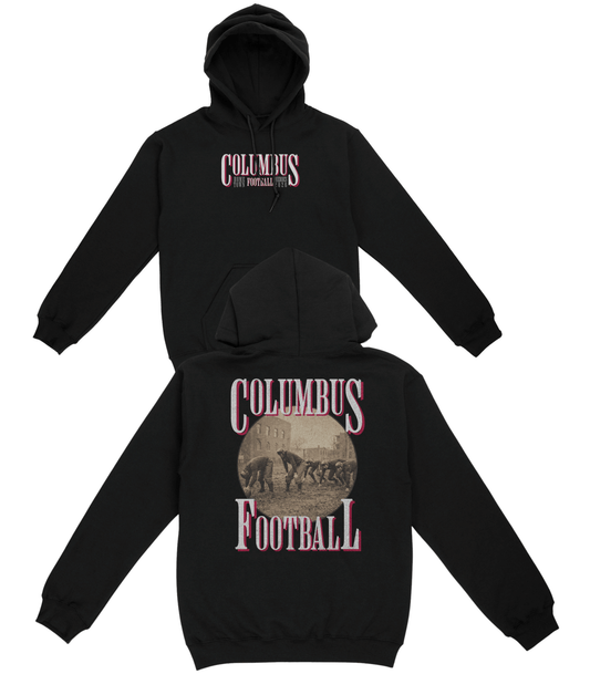 Black hoodie with 'Columbus Football' text and graphic on a white background