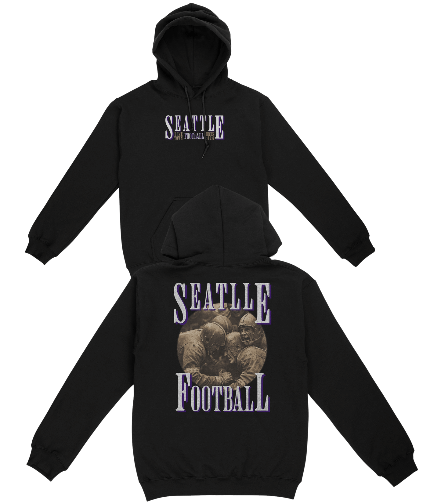 Black hoodie with 'Seattle Football' text and bear graphic on a white background