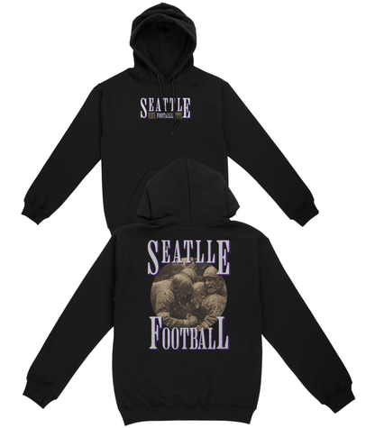 Black hoodie with 'Seattle Football' text and bear graphic on a white background