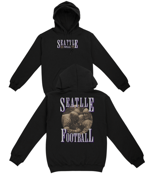 Black hoodie with 'Seattle Football' text and bear graphic on a white background