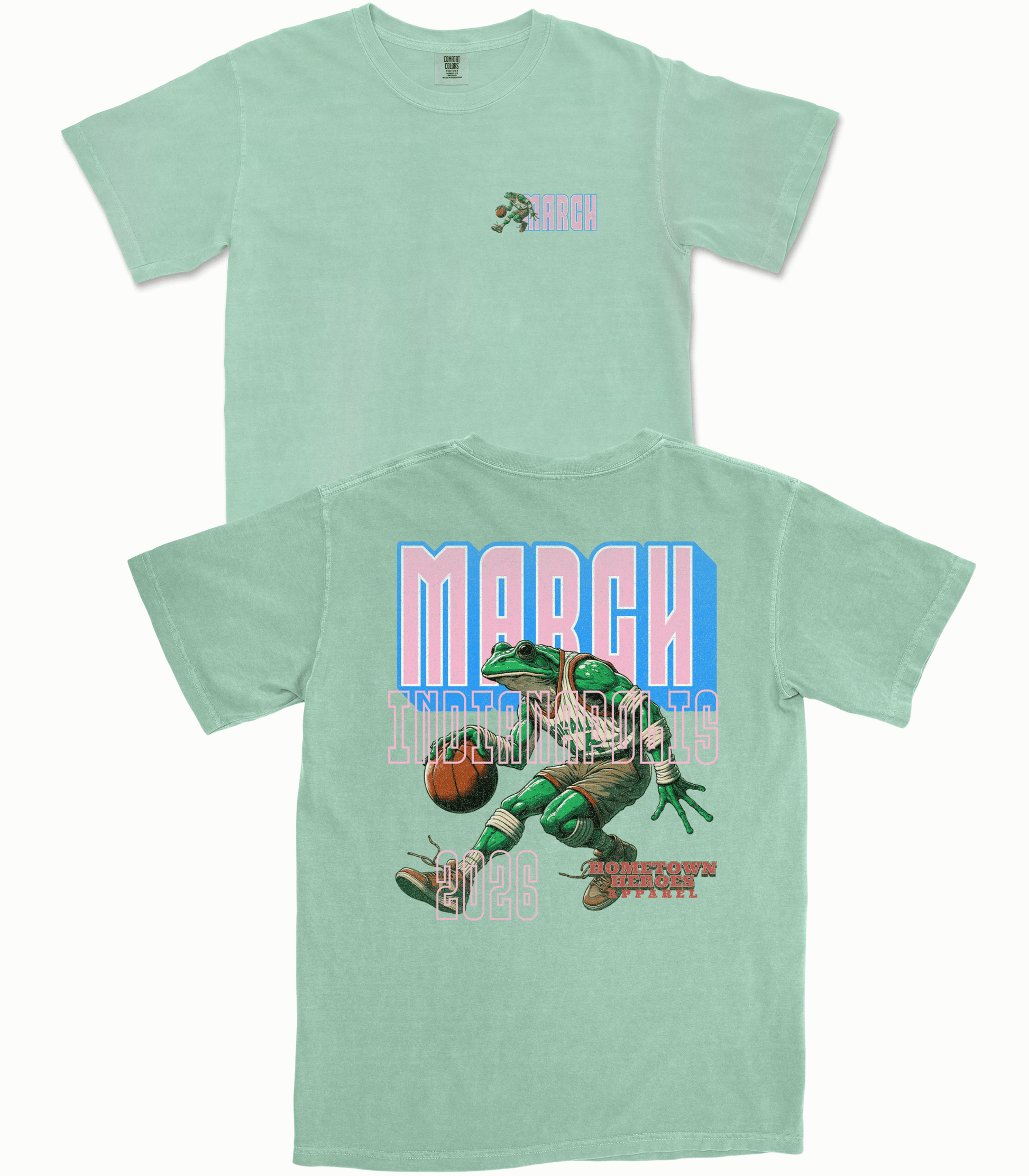 Light green t-shirt with a graphic of a dinosaur playing basketball and text on a white background
