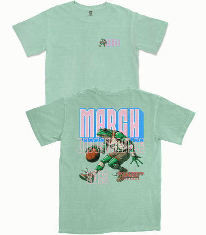 Light green t-shirt with a graphic of a dinosaur playing basketball and text on a white background