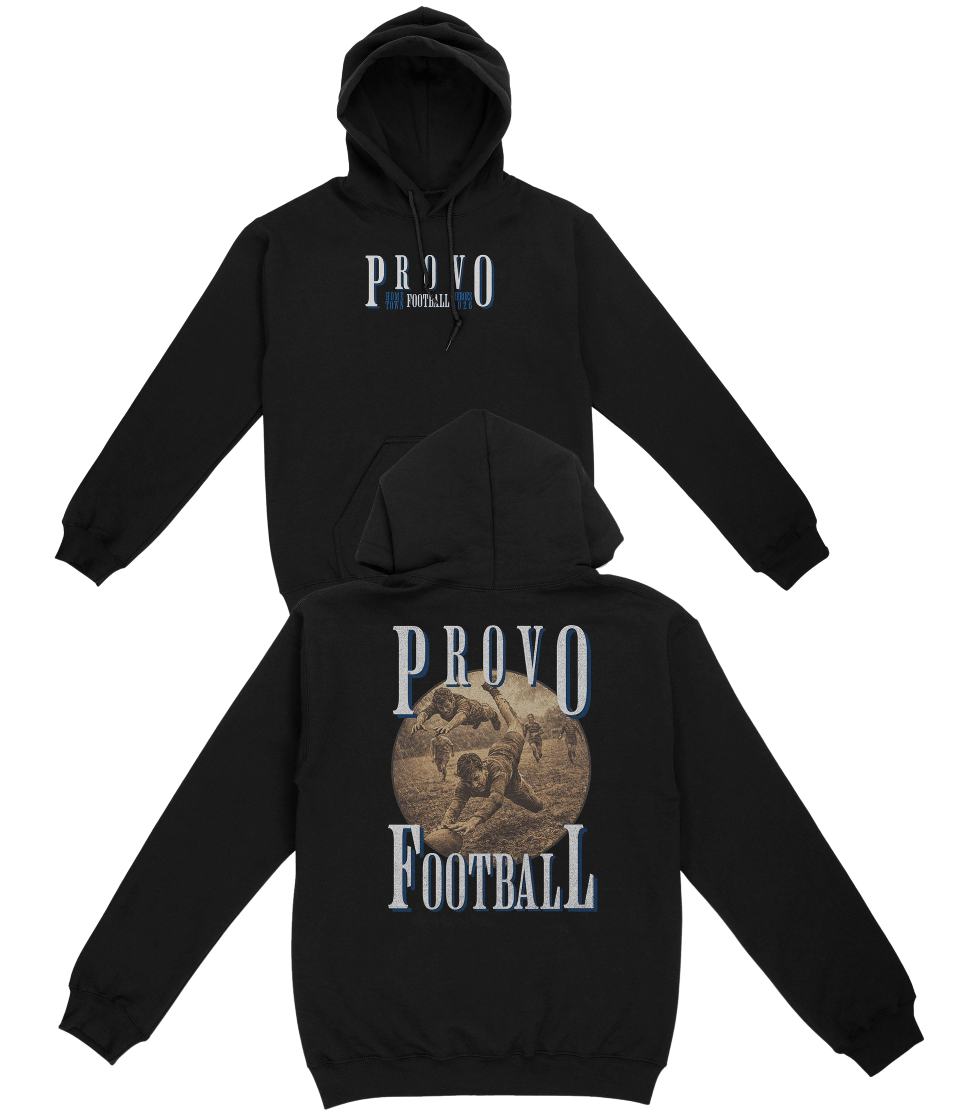 Black hoodie with 'Provo Football' text and graphics on a white background