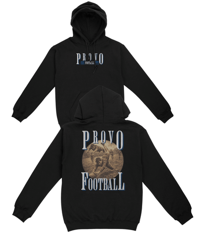 Black hoodie with 'Provo Football' text and graphics on a white background