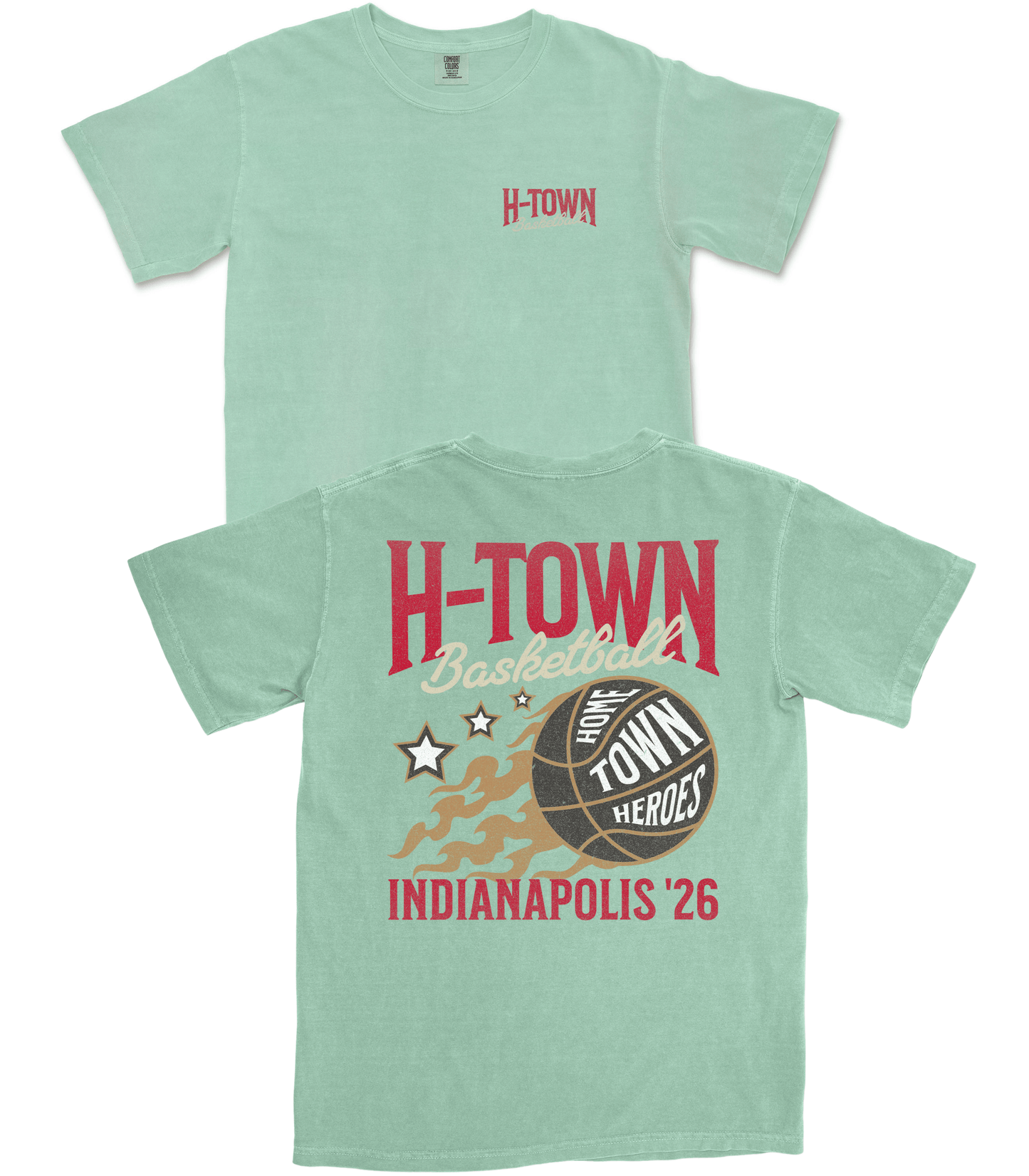 Light green t-shirt with 'H-Town Basketball' design on a white background
