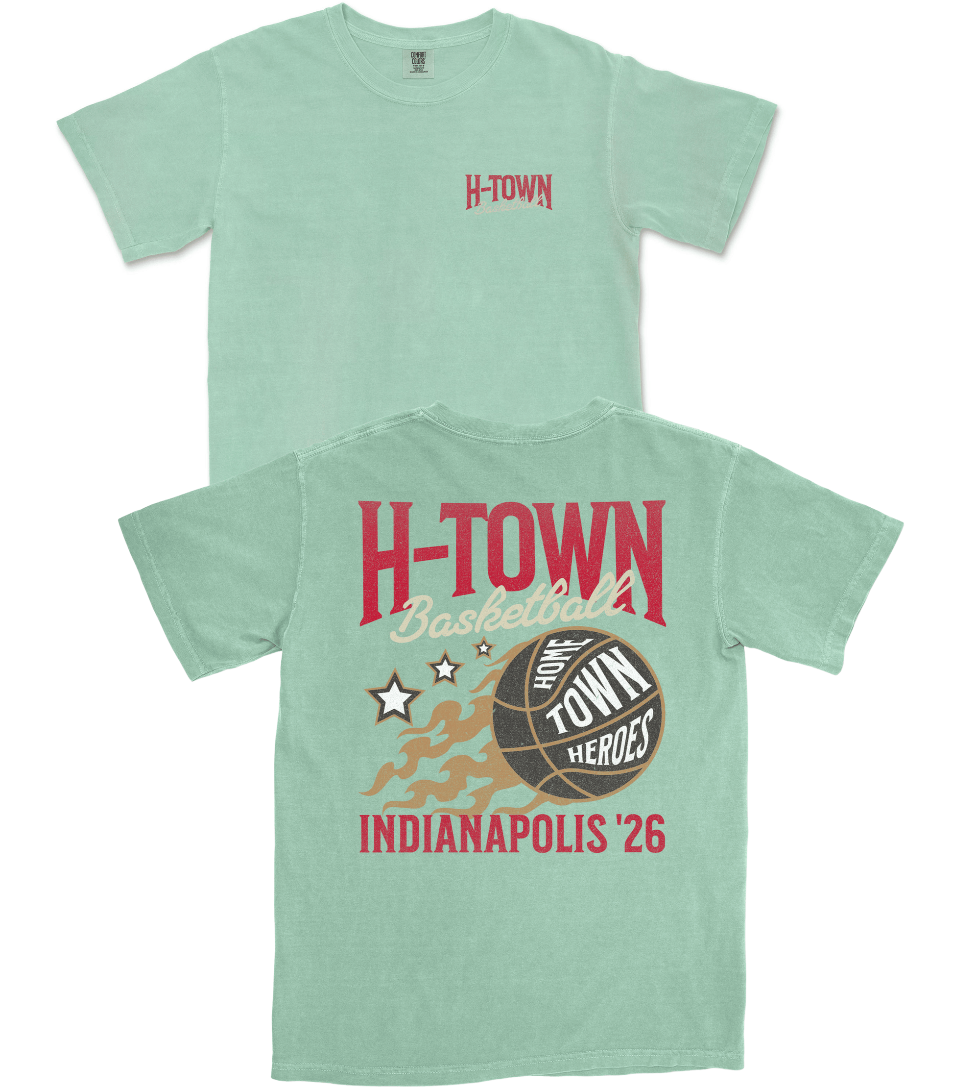 Light green t-shirt with 'H-Town Basketball' design on a white background